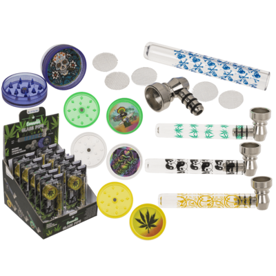 Glas-Pfeife mit Metall-Kopf inkl. Grinder & Sieben ca. 9 cm