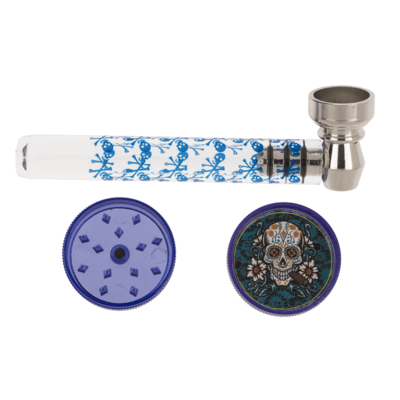 Glas-Pfeife mit Metall-Kopf inkl. Grinder & Sieben ca. 9 cm